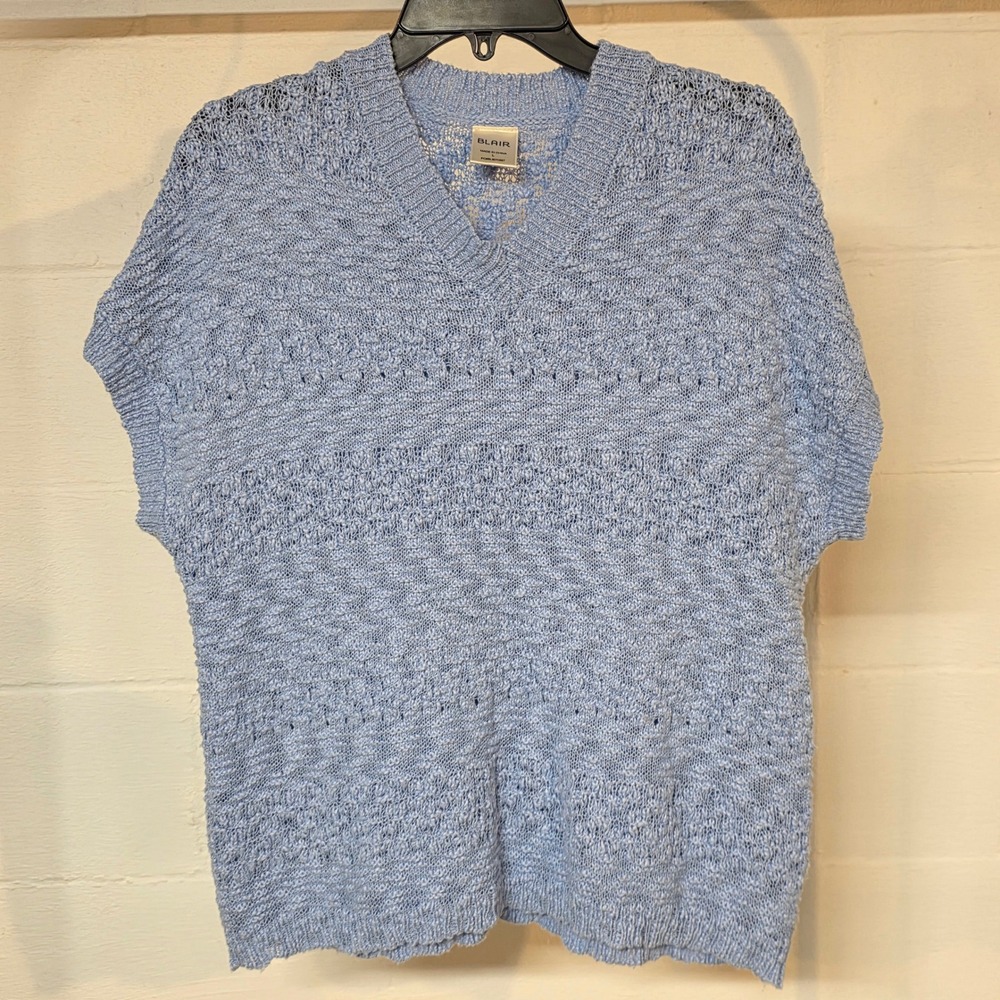 Blair Womens Blue Knit V-Neck Sweater Vest Sleeveless Pointelle Top Large L